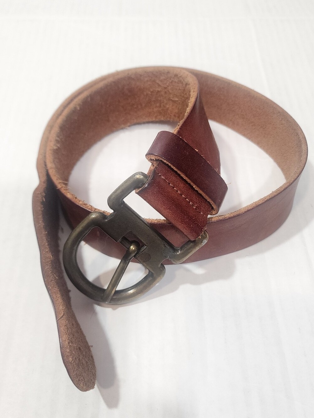 Vintage Brown Leather Belt Brass Horseshoe D-Shape Buckle Casual